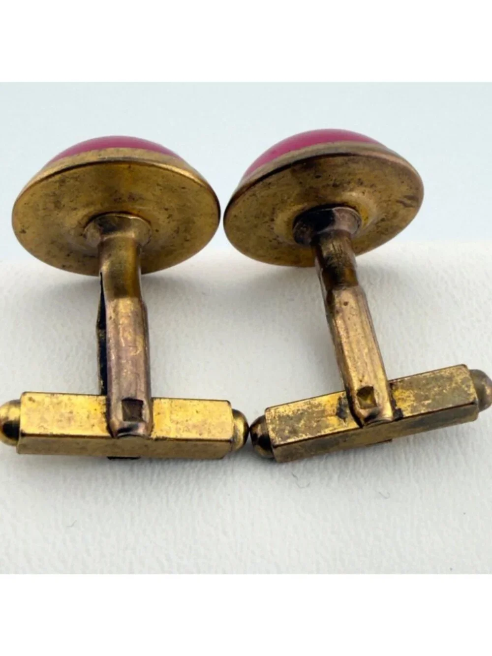 Vintage Round Cabochon Cufflinks Set of 2 Green Pink Mid Century